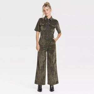 Utility-Inspired Olive Green Wide-Leg Jean Jumpsuit